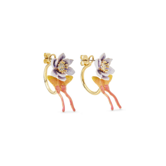 Les Nereides Purple Magnolia Flower And Pink And Yellow Butterfly Post Earrings