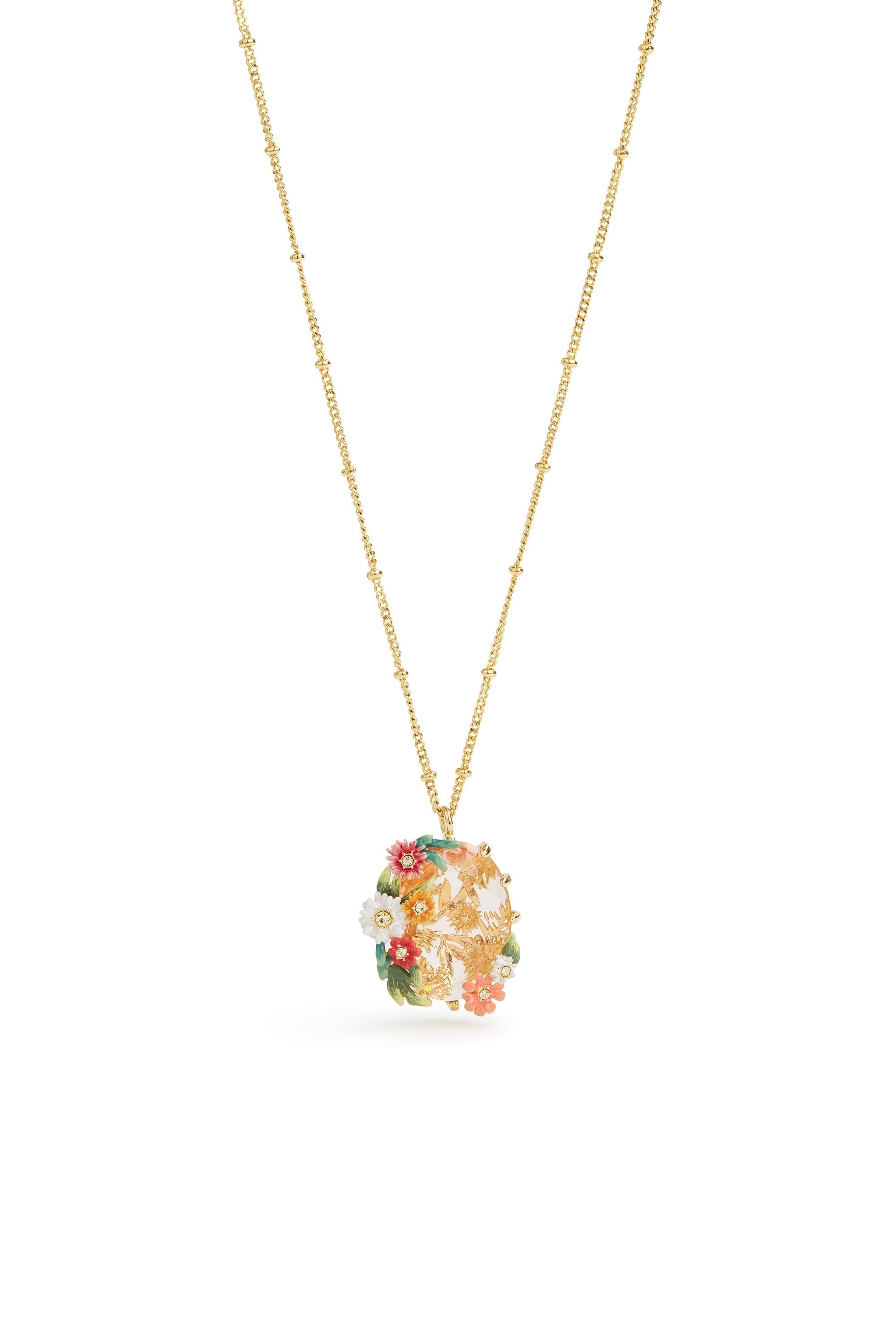 Les Nereides Oval Pink Faceted Stone Pendant Necklace With Zinnias And Daisies Les Nereides Oval Pink Faceted Stone Pendant Necklace With Zinnias And Daisies