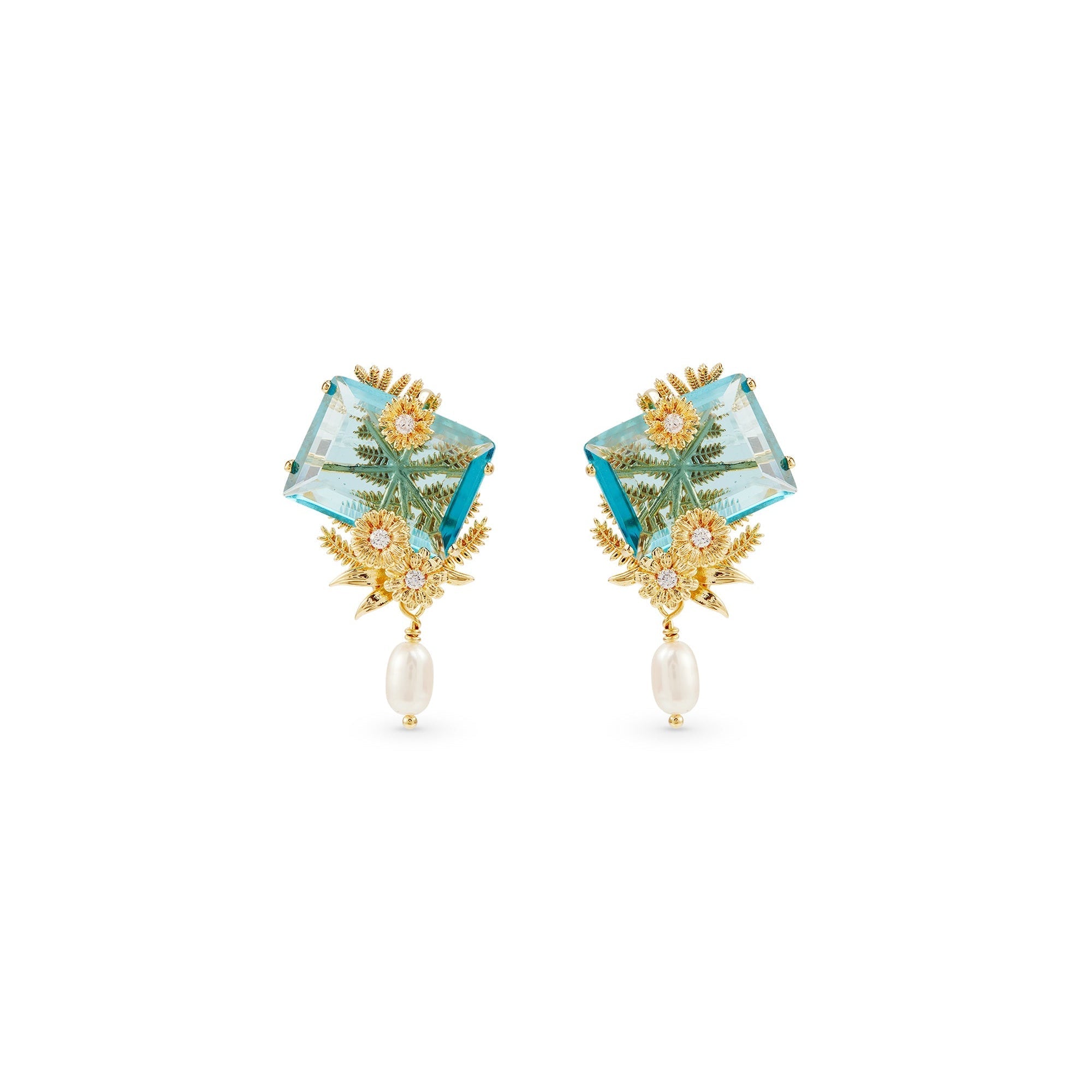 Les Nereides Post Earrings With Blue Cut Stone, Golden Flowers And Cultured Pearl Les Nereides Post Earrings With Blue Cut Stone, Golden Flowers And Cultured Pearl