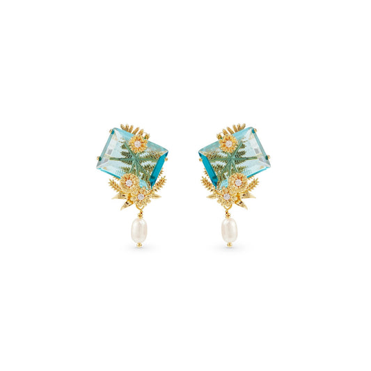 Les Nereides Post Earrings With Blue Cut Stone, Golden Flowers And Cultured Pearl