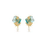 Les Nereides Post Earrings With Blue Cut Stone, Golden Flowers And Cultured Pearl Les Nereides Post Earrings With Blue Cut Stone, Golden Flowers And Cultured Pearl
