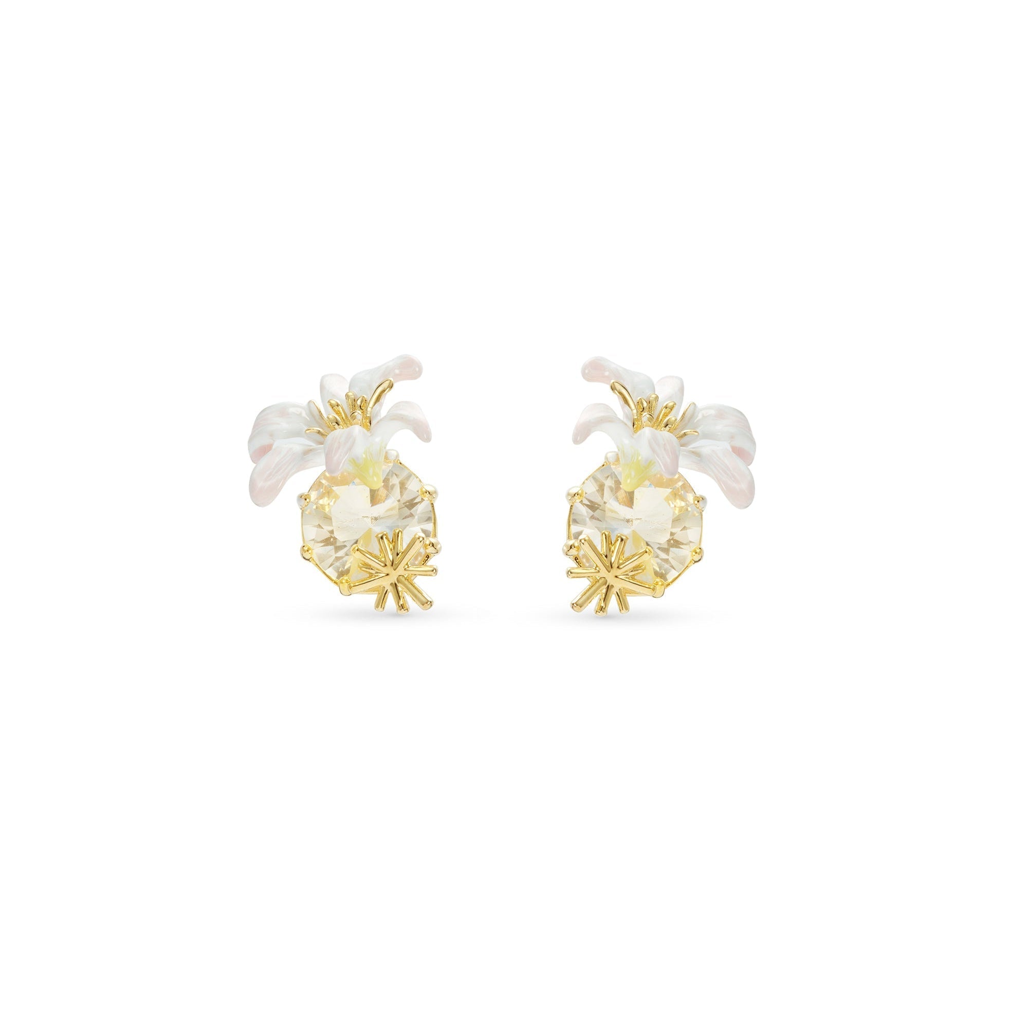 Les Nereides Round Faceted Stone Earrings And White Lily Les Nereides Round Faceted Stone Earrings And White Lily
