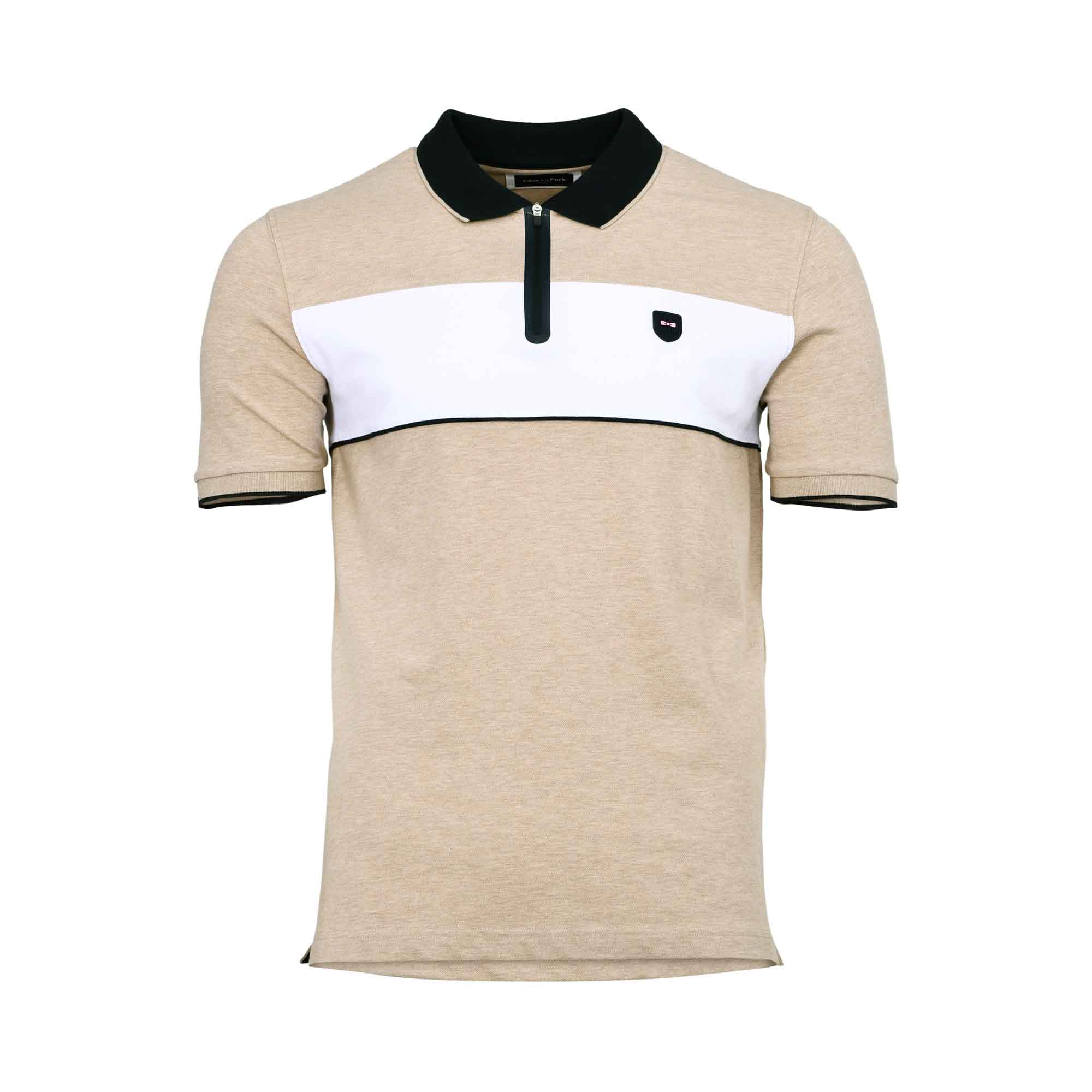 Eden Park Men's Sand Beige Color Block Zip Polo Shirt Eden Park Men's Sand Beige Color Block Zip Polo Shirt