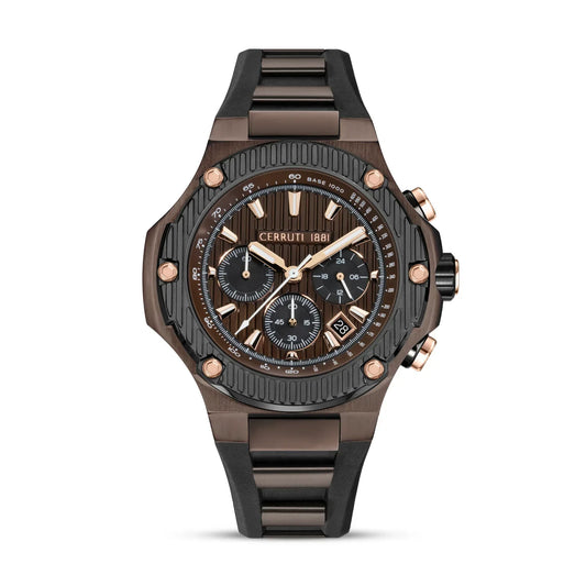 Cerruti 1881 Lucardo Gents Chronograph Brown IP Case Brown Dial Rose Gold Elements Two-Tone Silicone Strap Watch