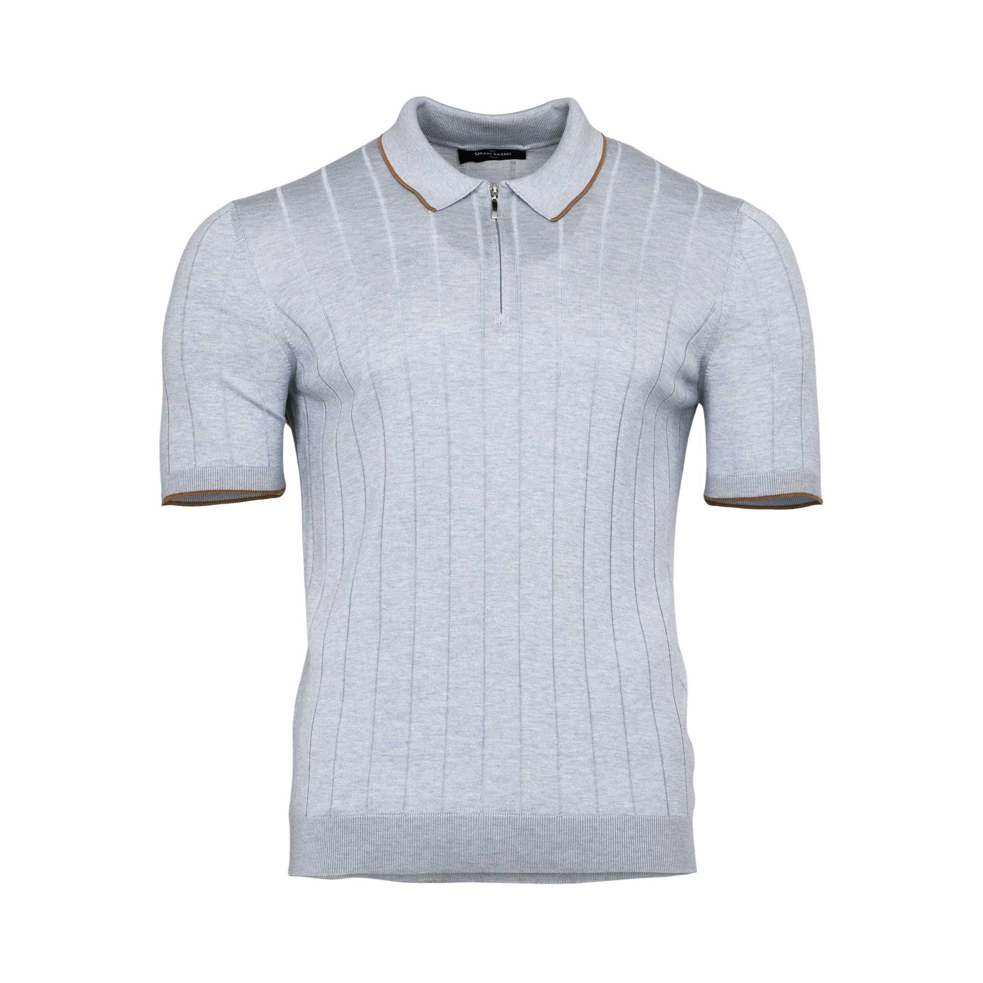 Gran Sasso Men's Ribbed Knit Zip Polo Shirt with Contrast Trim - (Available in Grey & Brown) Gran Sasso Men's Ribbed Knit Zip Polo Shirt with Contrast Trim - (Available in Grey & Brown)