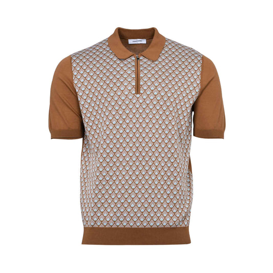 Gran Sasso Men's Patterned Knit Zip Polo Shirt - SS25 (Brown & Navy Blue)