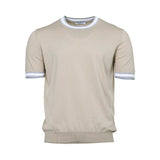 Gran Sasso Men's Beige Knitted Crew Neck T-Shirt with Striped Trim Gran Sasso Men's Beige Knitted Crew Neck T-Shirt with Striped Trim