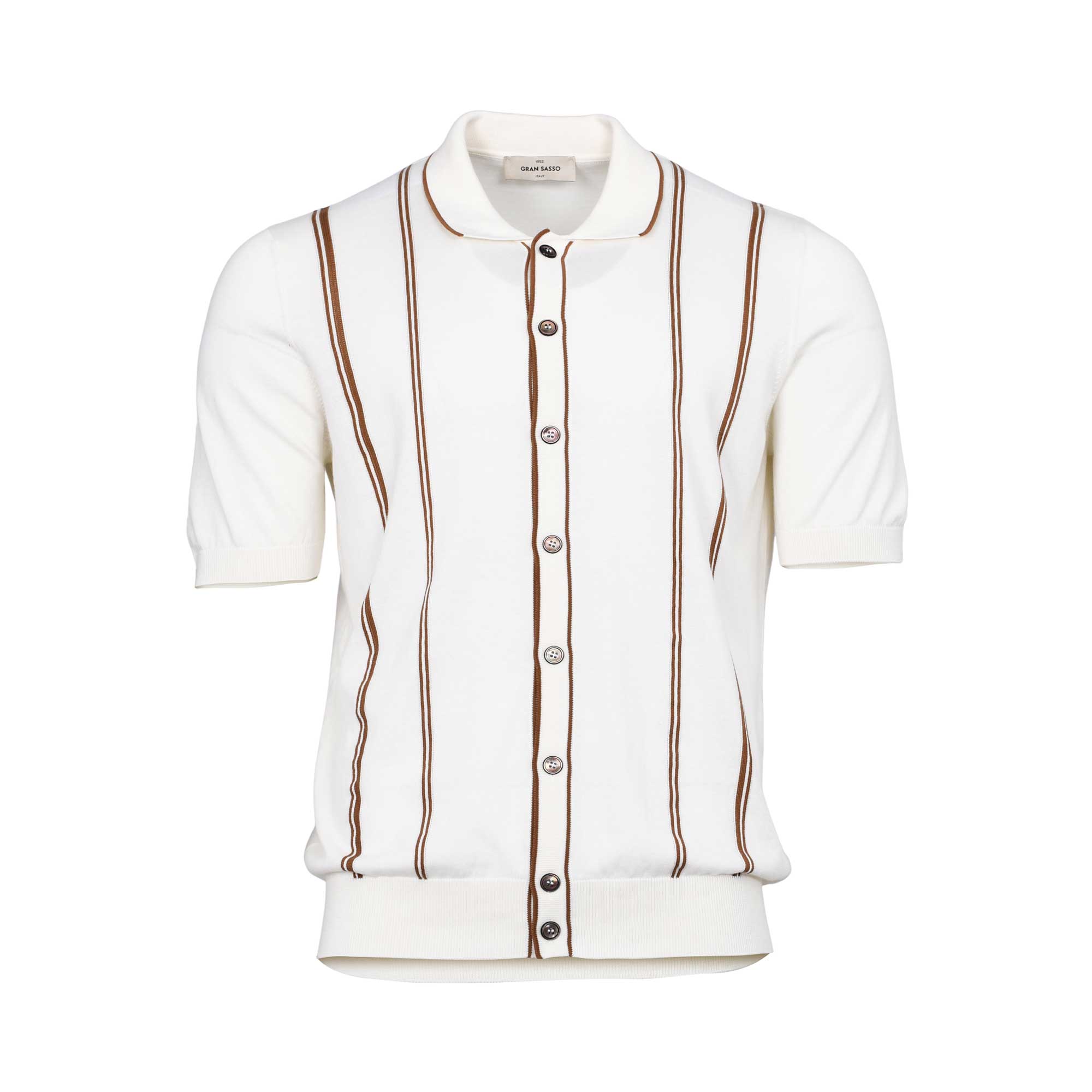 Gran Sasso Men's White Knitted Short-Sleeve Shirt with Brown Stripes Gran Sasso Men's White Knitted Short-Sleeve Shirt with Brown Stripes