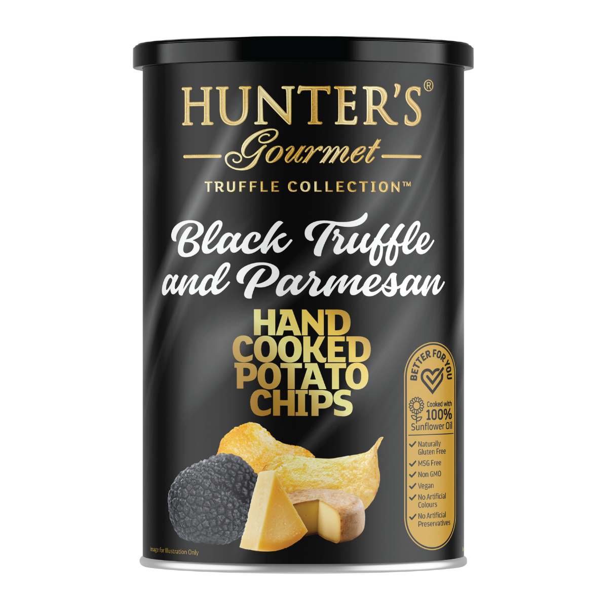 Hunter's Chips Black Truffle and Parmesan 150g in Can Hunter's Chips Black Truffle and Parmesan 150g in Can