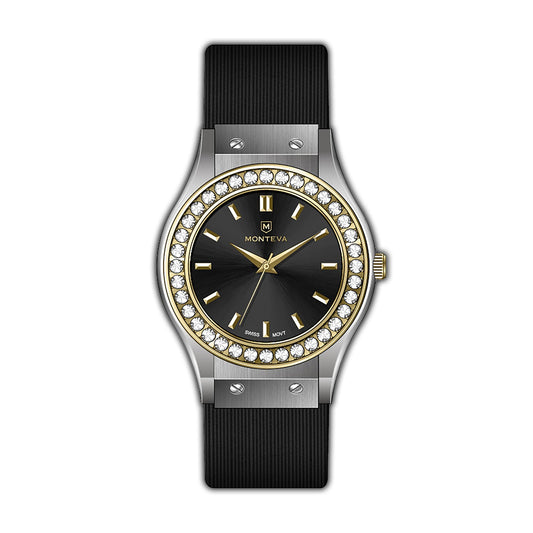 Monteva Ladies - Bi-Color, Stones Bezel, Black Dial, Black Strap Watch
