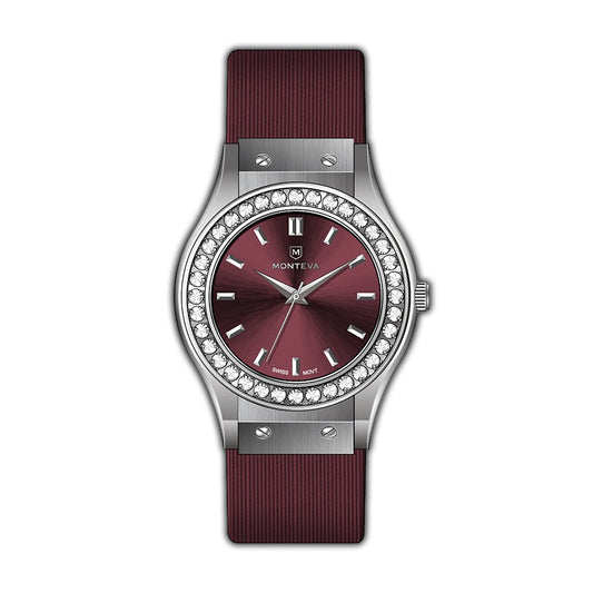 Monteva Ladies - Silver-Tone, Stones Bezel, Red Dial, Red Strap Watch