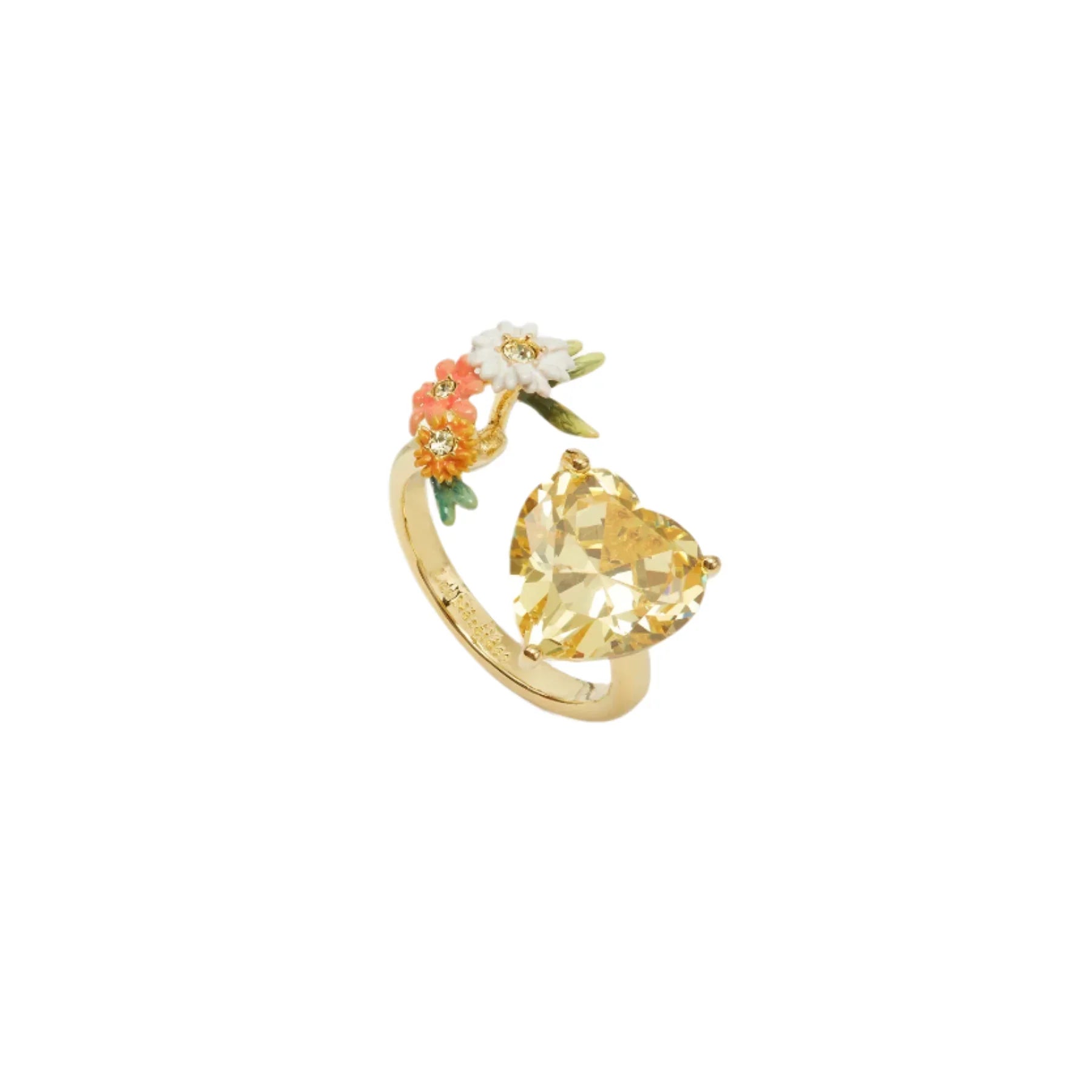Les Nereides Adjustable Yellow Heart Ring With Zinnias And Daisies Les Nereides Adjustable Yellow Heart Ring With Zinnias And Daisies