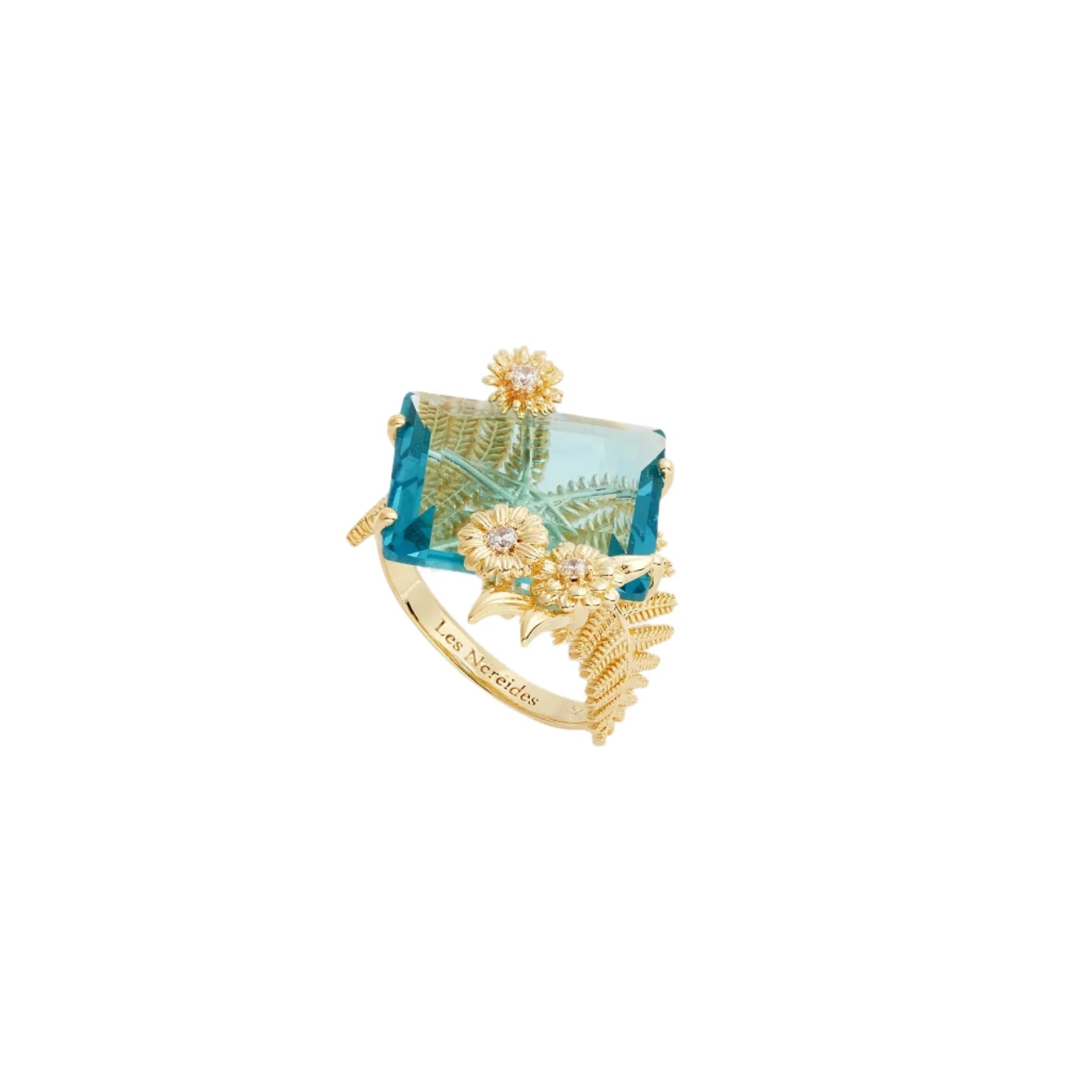Les Nereides Blue Cut Stone And Golden Flower Ring Les Nereides Blue Cut Stone And Golden Flower Ring
