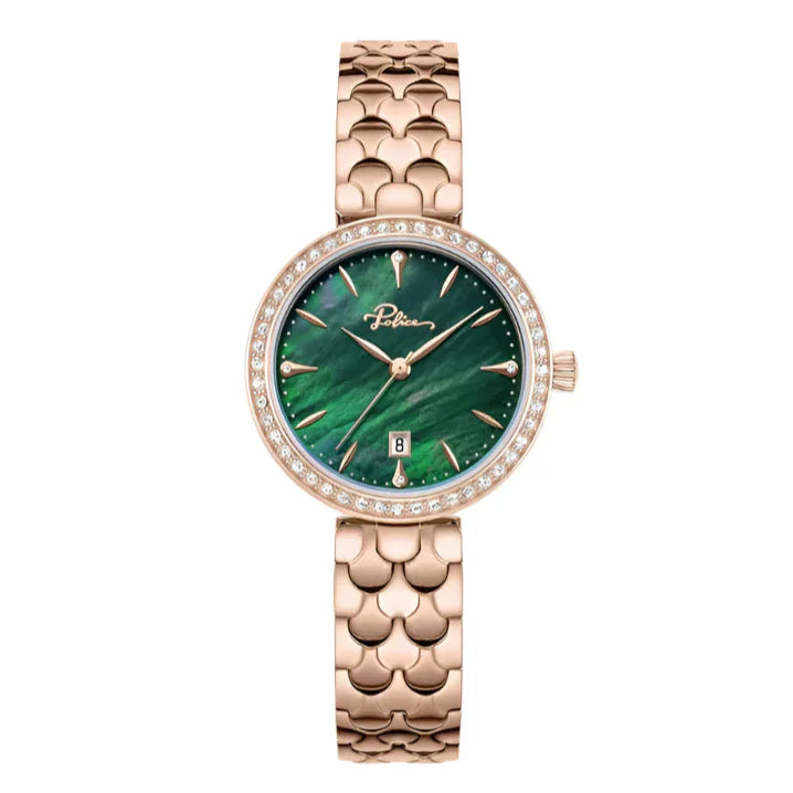 Police Ophidia Ladies Green MOP Dial Gold Rose Stainless Steel Watch