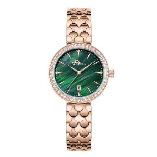 Police Ophidia Ladies Green MOP Dial Gold Rose Stainless Steel Watch
