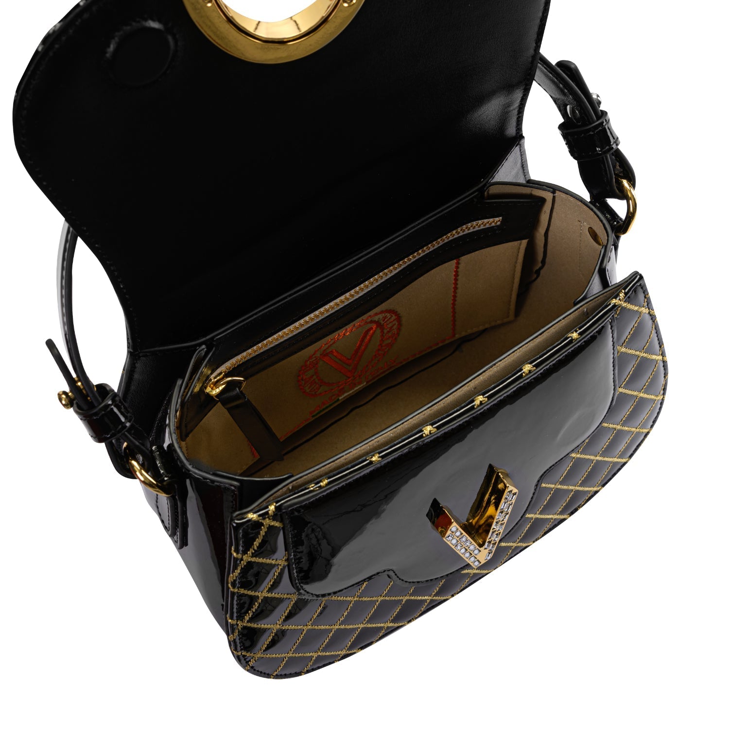 Orlandi Valentino Women's Jewel Black Quilted Patent Leather Hand Bag