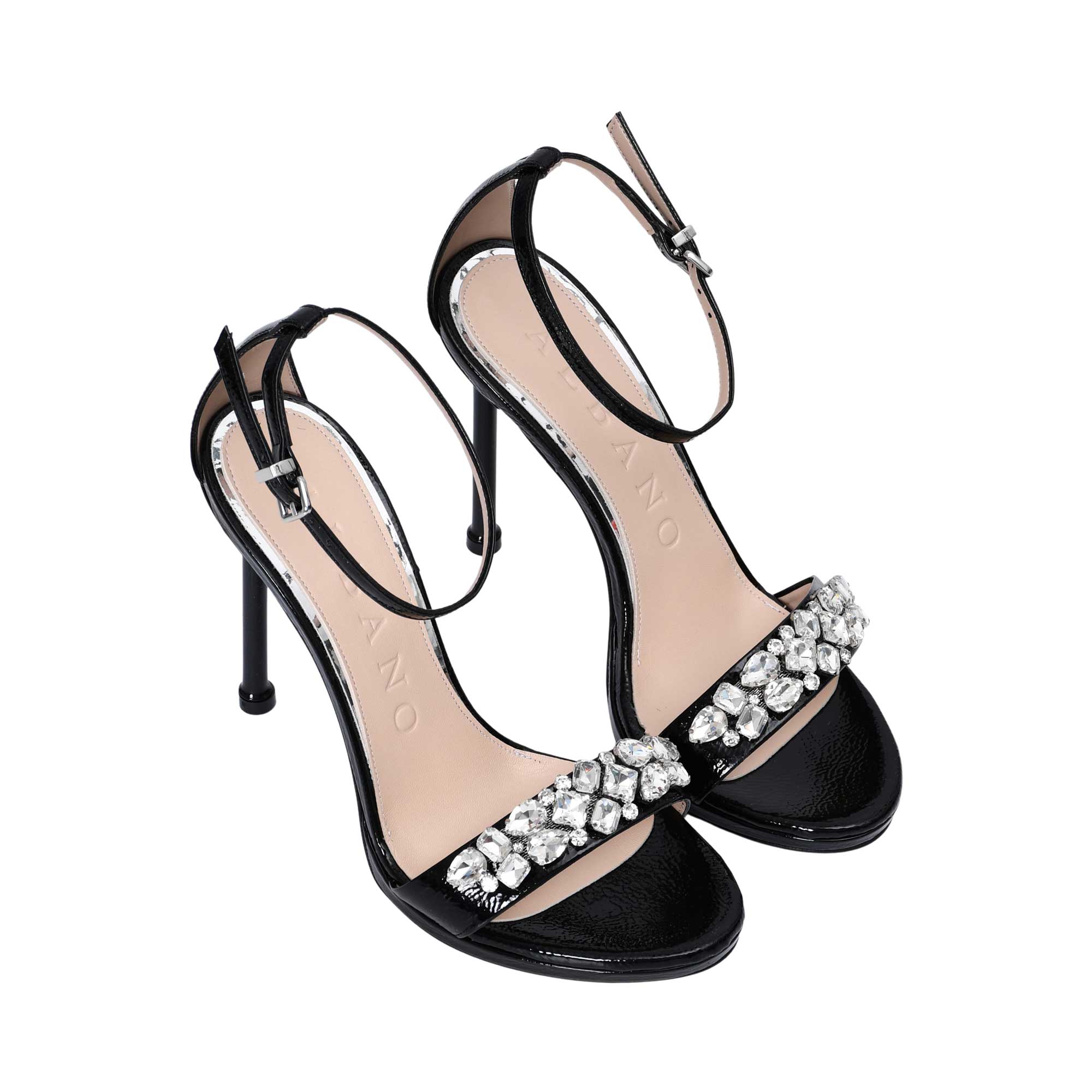 Albano Women's Black Patent Leather Crystal-Toe Heeled Sandal