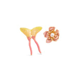 Les Nereides Pink Magnolia Flower And Pink And Yellow Butterfly Asymmetrical Earrings