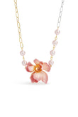 Les Nereides Two-Tone Chain, Large Pink Magnolia Flower And Artificial Pearl Necklace