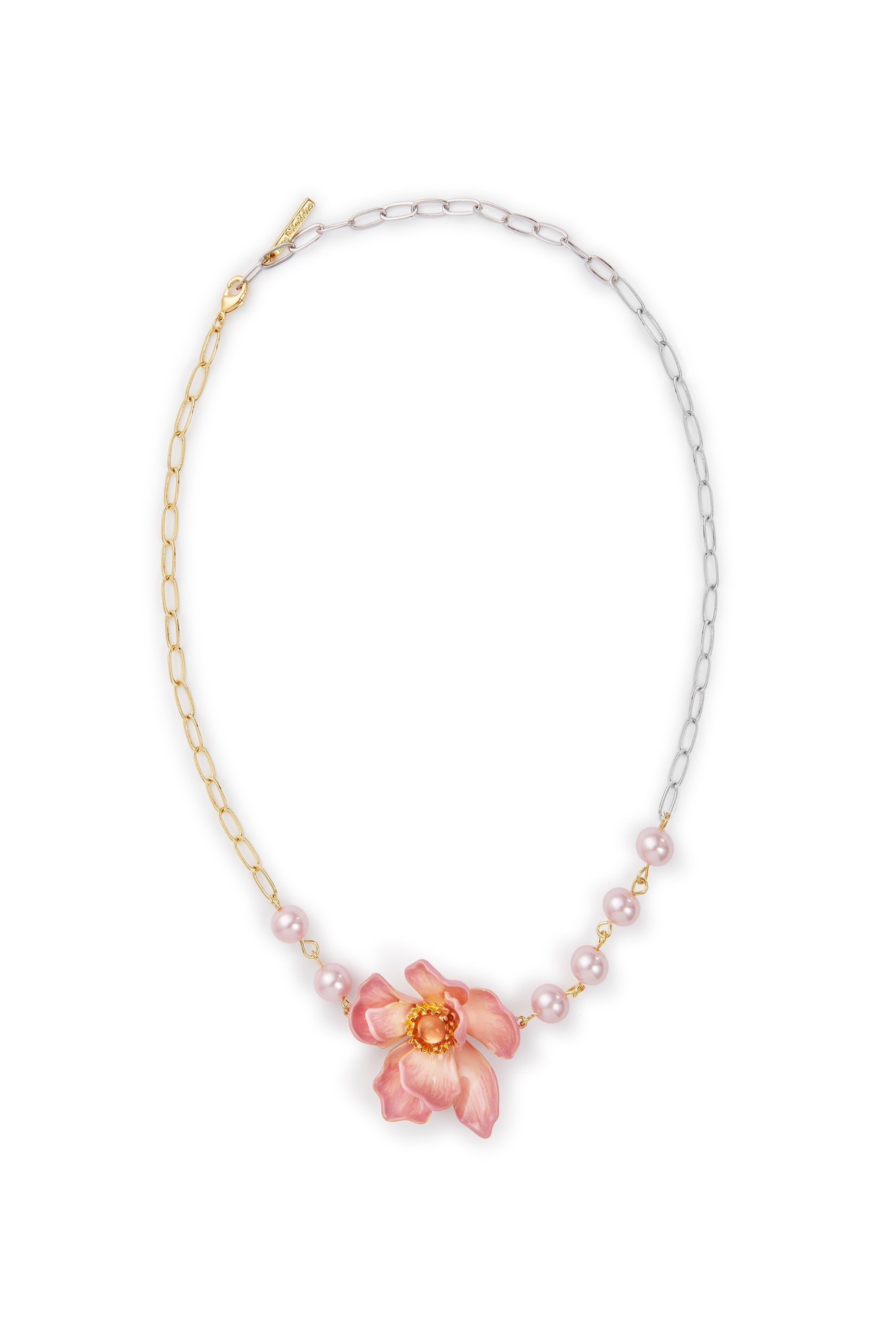 Les Nereides Two-Tone Chain, Large Pink Magnolia Flower And Artificial Pearl Necklace