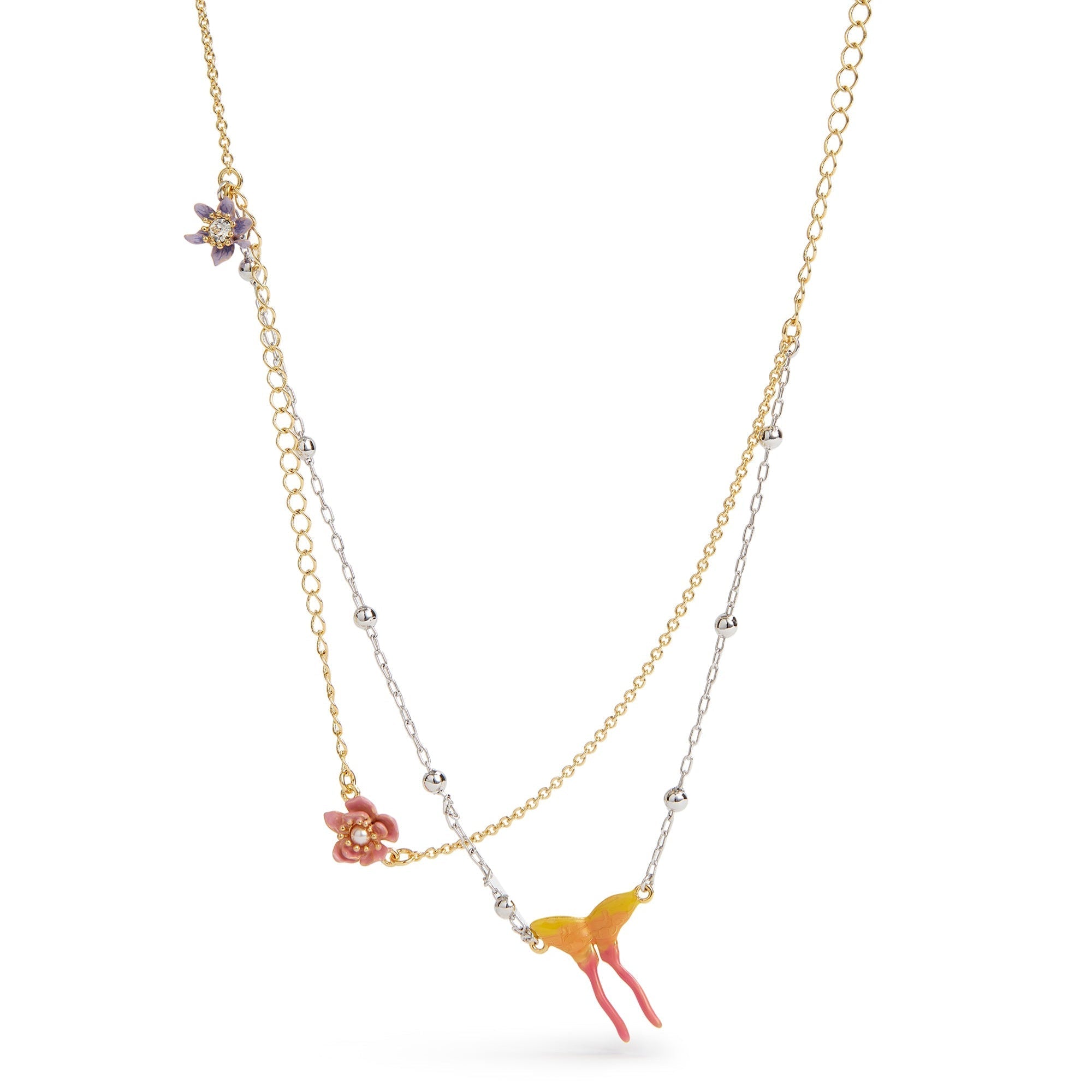 Les Nereides Two-Tone Chain, Magnolia Flower And Butterfly Necklace