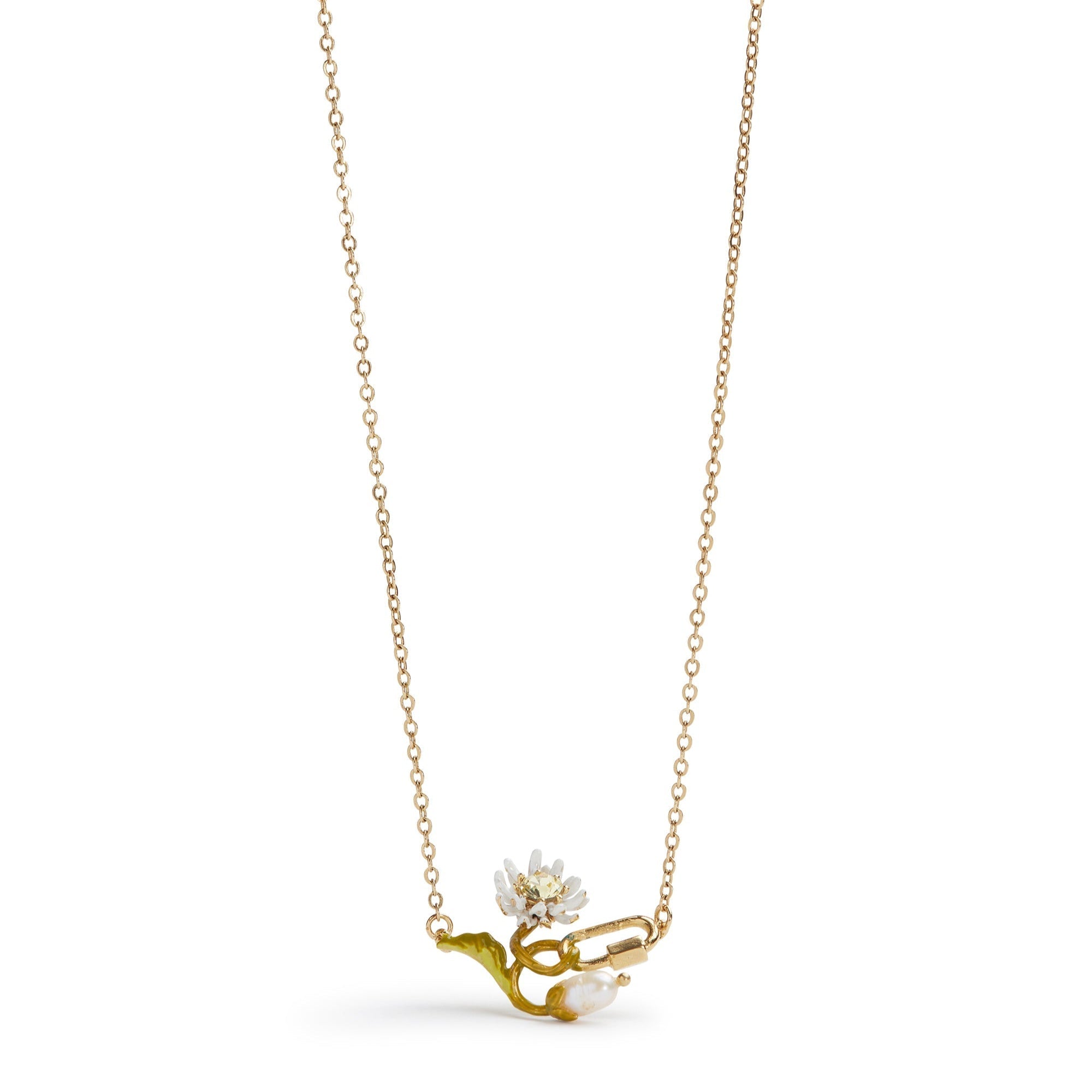 Les Nereides Fine Necklace With White And Green Daisy, Mother Of Pearl Bead And Carabiner