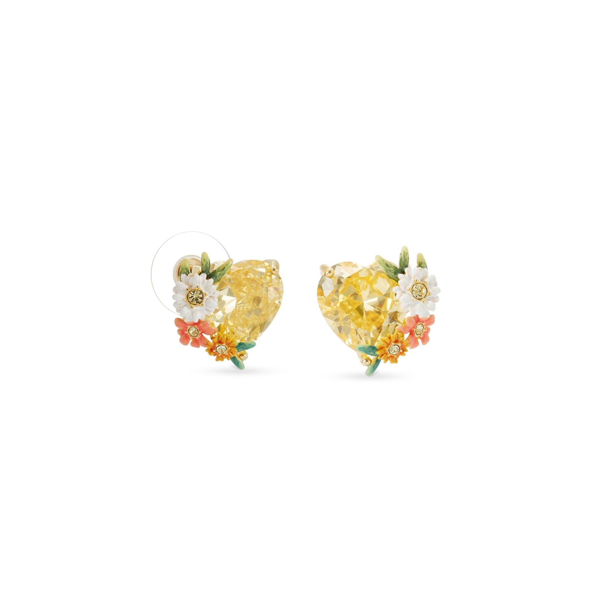 Les Nereides Yellow Heart, Zinnias And Daisies Post Earrings