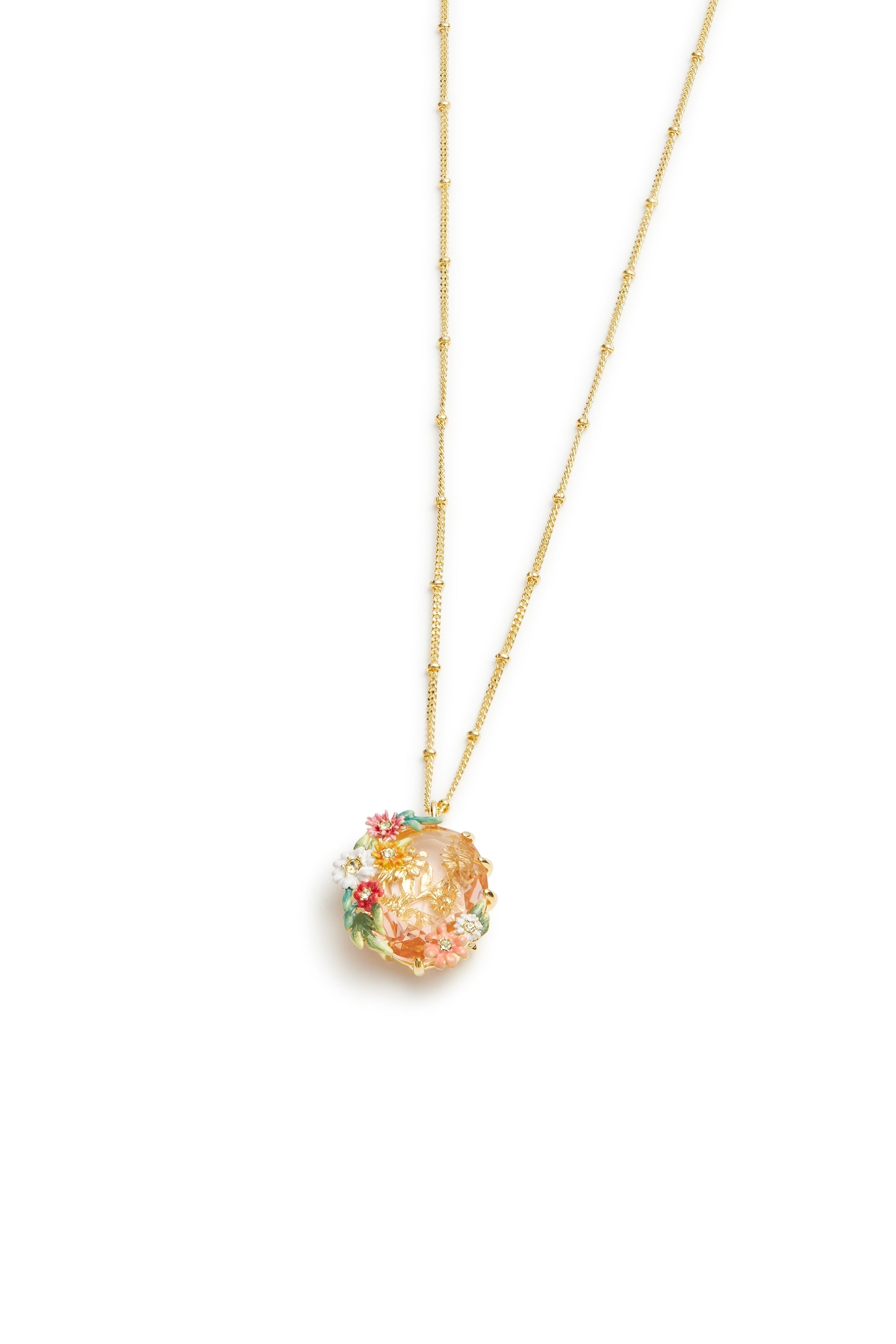 Les Nereides Oval Pink Faceted Stone Pendant Necklace With Zinnias And Daisies