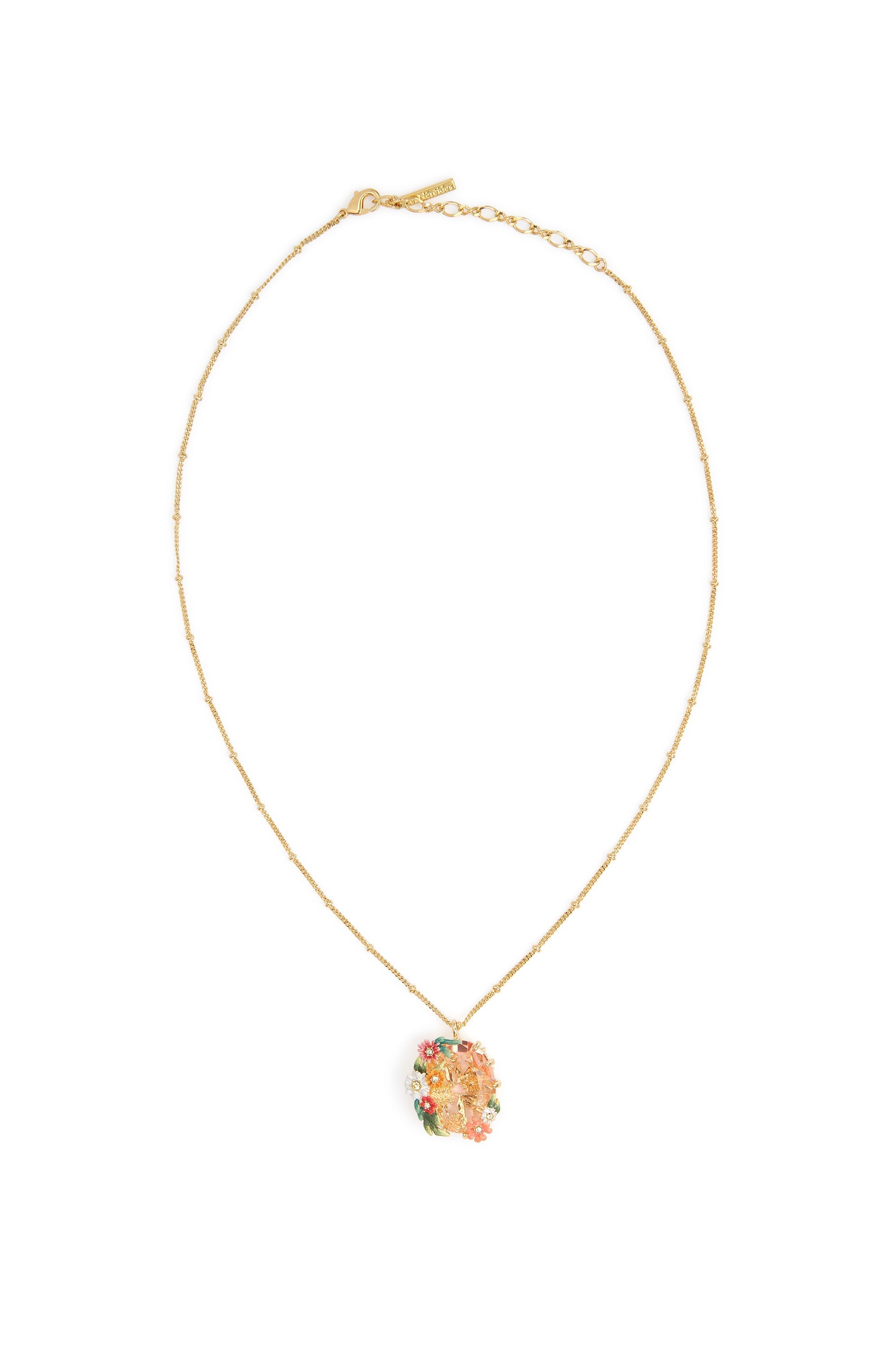 Les Nereides Oval Pink Faceted Stone Pendant Necklace With Zinnias And Daisies