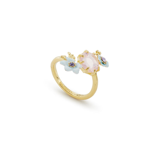 Les Nereides Round Purple Stone, Little Flowers And Crystal Adjustable Ring