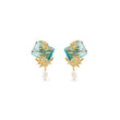 Les Nereides Post Earrings With Blue Cut Stone, Golden Flowers And Cultured Pearl