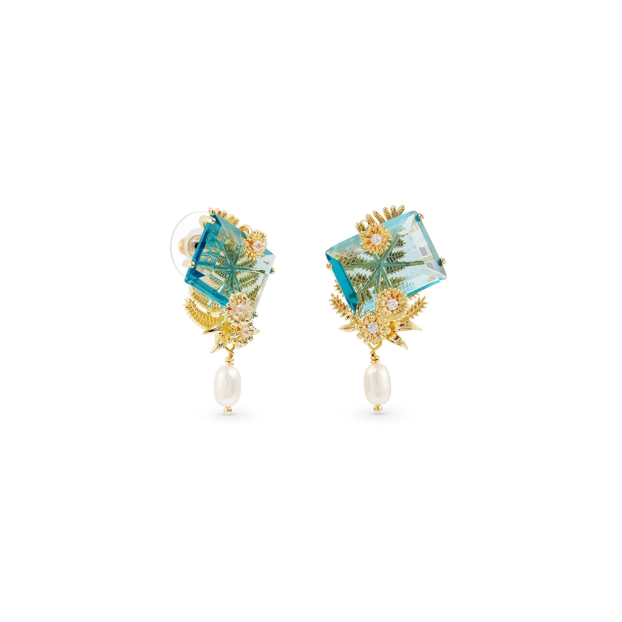 Les Nereides Post Earrings With Blue Cut Stone, Golden Flowers And Cultured Pearl