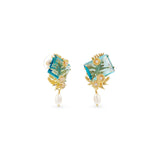 Les Nereides Post Earrings With Blue Cut Stone, Golden Flowers And Cultured Pearl