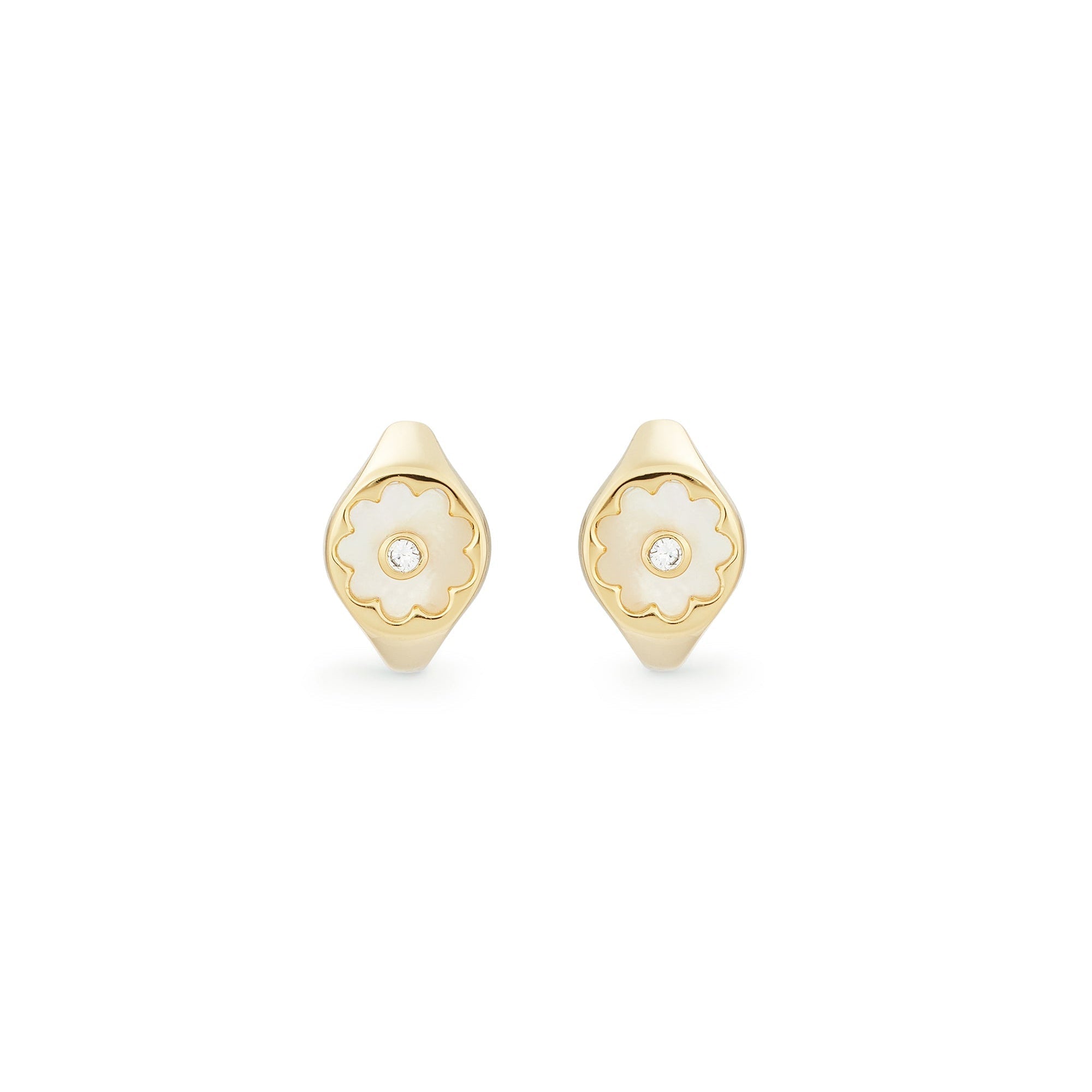 Les Nereides Golden Post Earrings With Mother Of Pearl White Flower