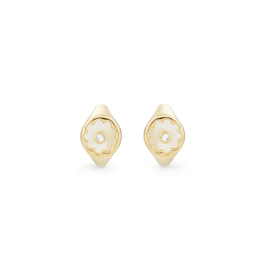 Les Nereides Golden Post Earrings With Mother Of Pearl White Flower