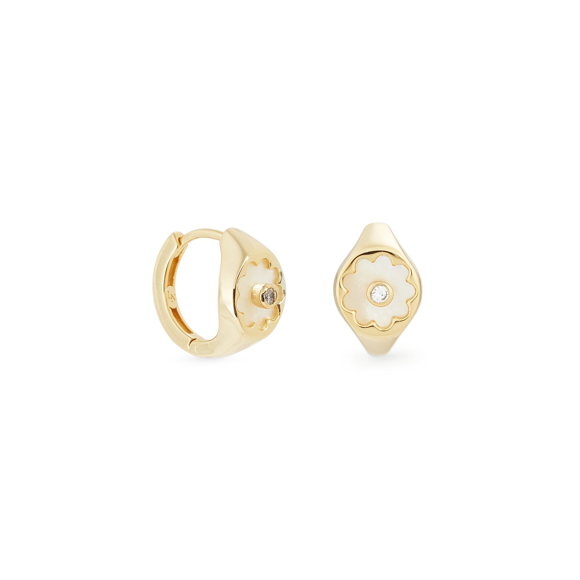 Les Nereides Golden Post Earrings With Mother Of Pearl White Flower
