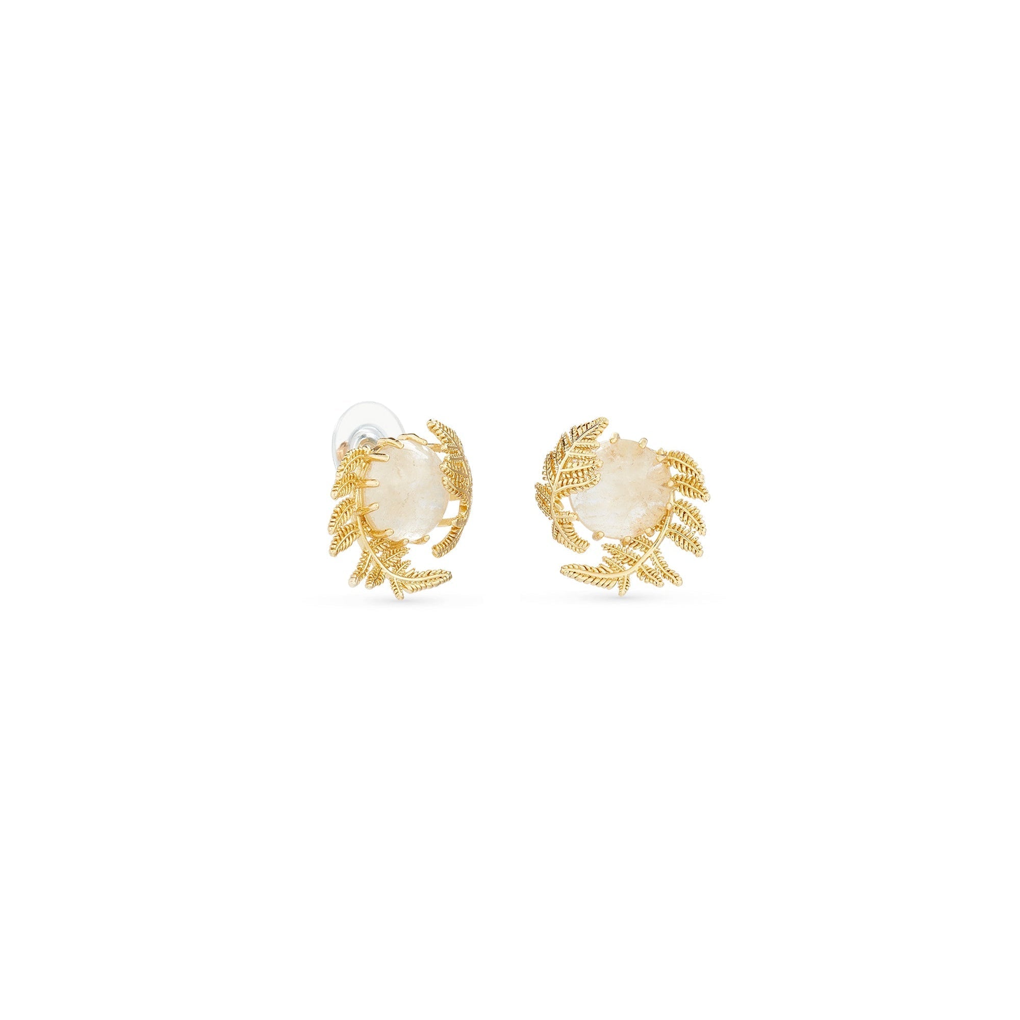 Les Nereides Round Rock Crystal And Golden Fern Earrings