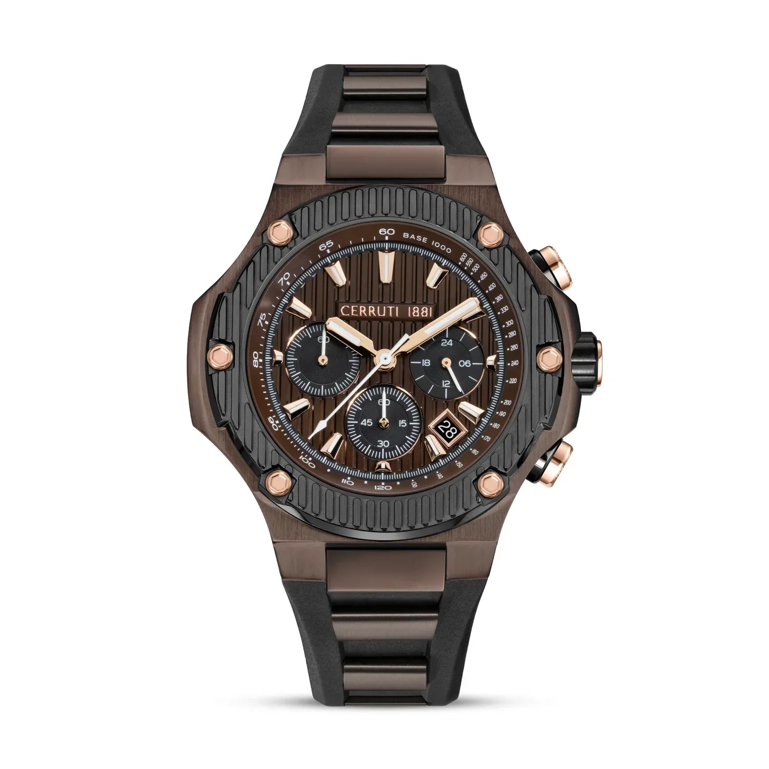 Cerruti 1881 Lucardo Gents Chronograph Brown IP Case Brown Dial Rose Gold Elements Two-Tone Silicone Strap Watch