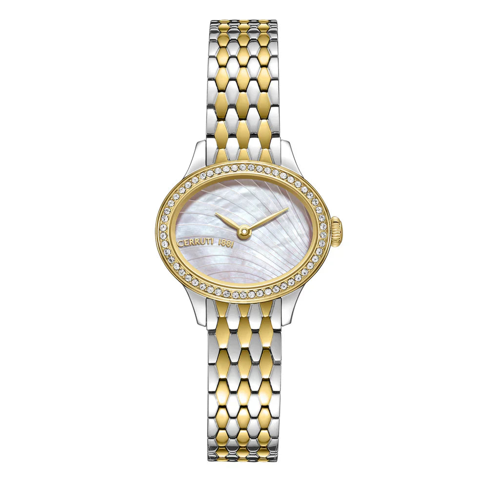 Cerruti 1881 Nemi Ladies Oval White MOP Dial Crystal Bezel Two-Tone Stainless Steel Bracelet Watch