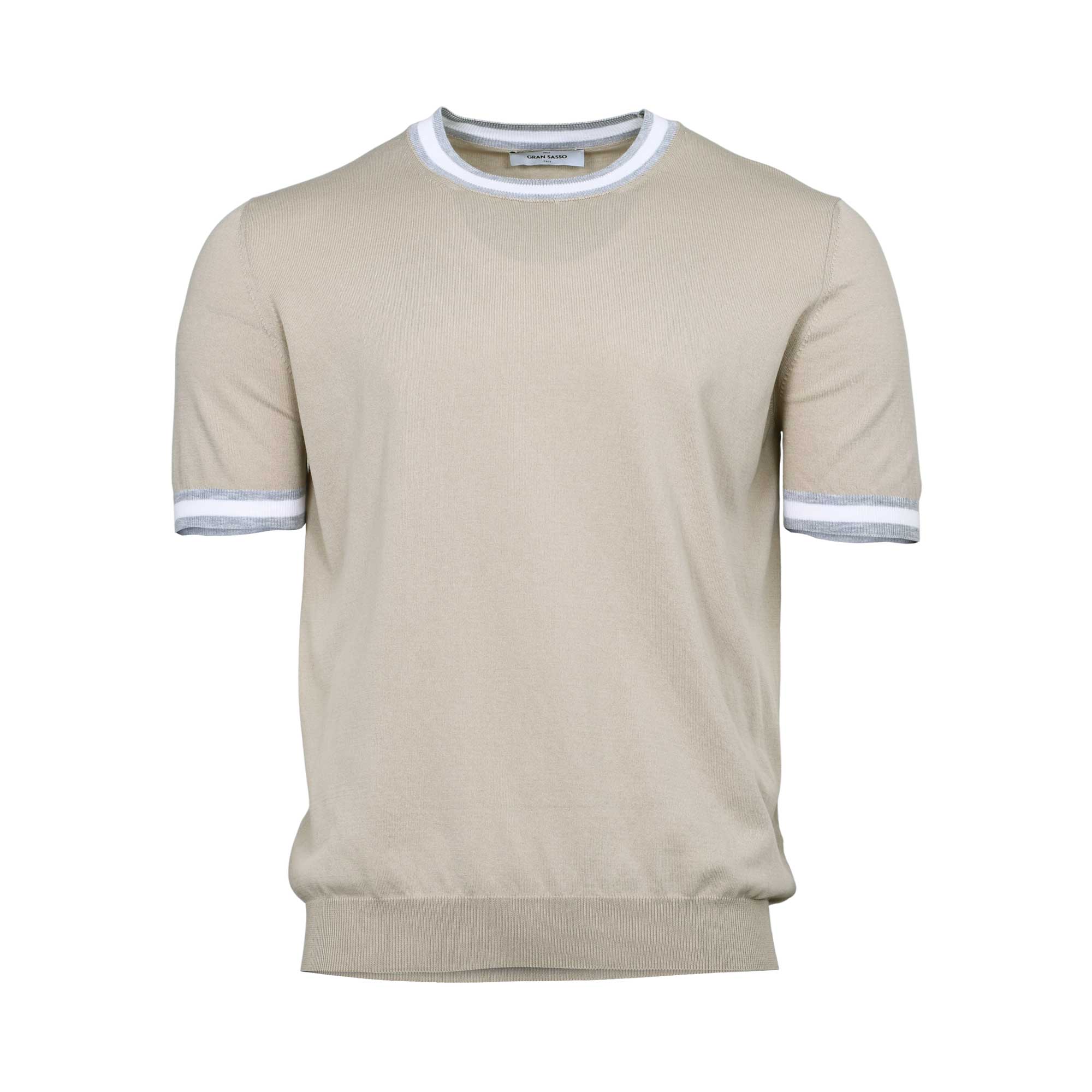 Gran Sasso Men's Beige Knitted Crew Neck T-Shirt with Striped Trim