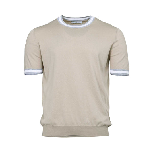 Gran Sasso Men's Beige Knitted Crew Neck T-Shirt with Striped Trim