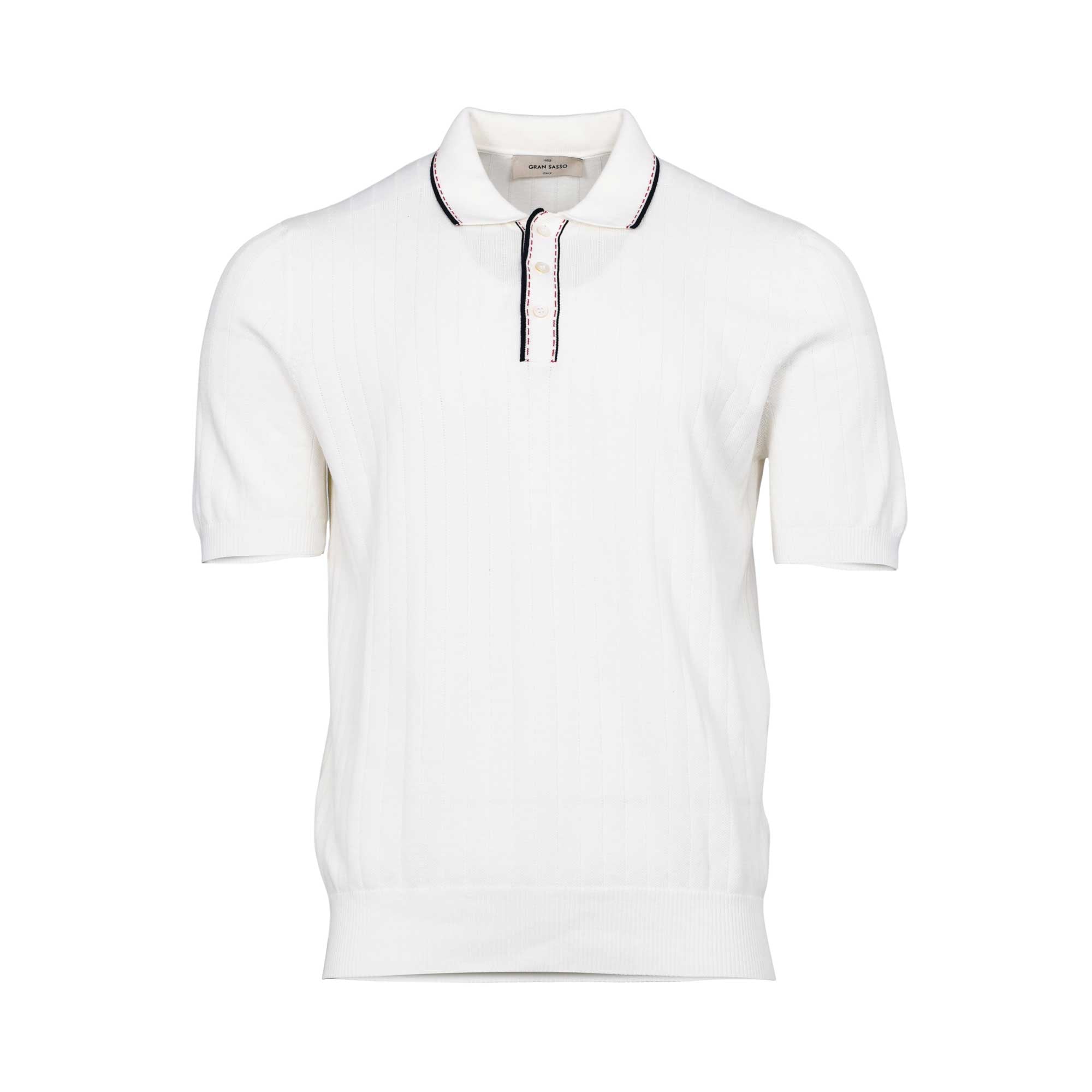 Gran Sasso Men's White Ribbed Knit Polo Shirt with Striped Trim