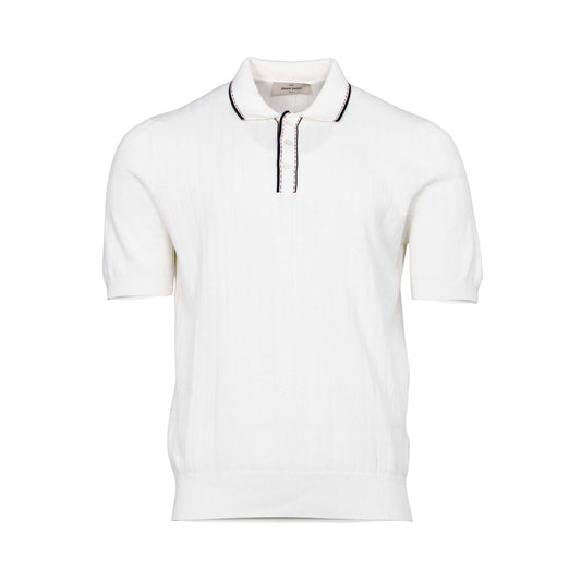 Gran Sasso Men's White Ribbed Knit Polo Shirt with Striped Trim