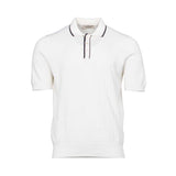 Gran Sasso Men's White Ribbed Knit Polo Shirt with Striped Trim