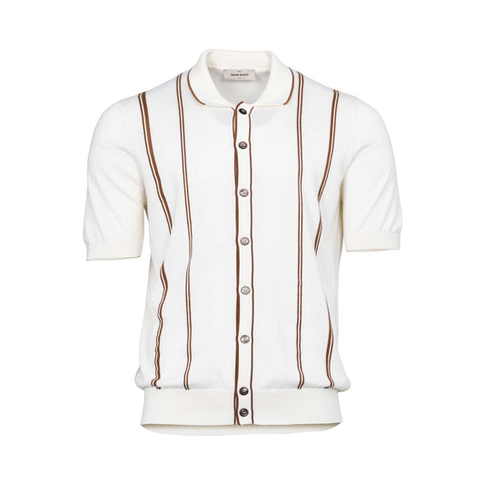 Gran Sasso Men's White Knitted Short-Sleeve Shirt with Brown Stripes