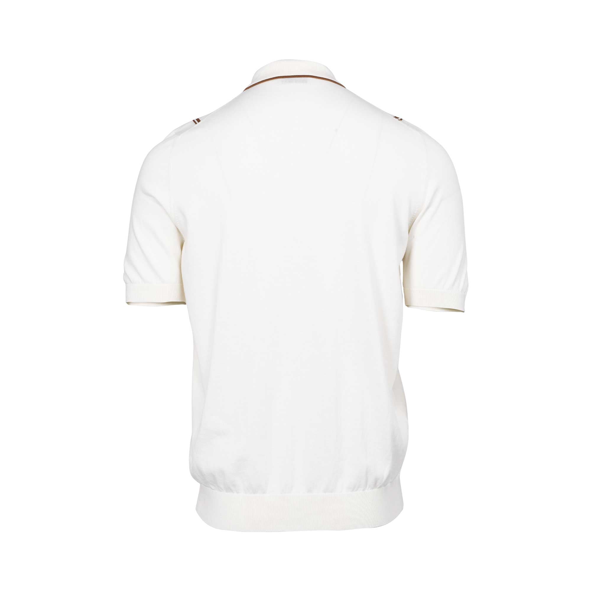 Gran Sasso Men's White Knitted Short-Sleeve Shirt with Brown Stripes