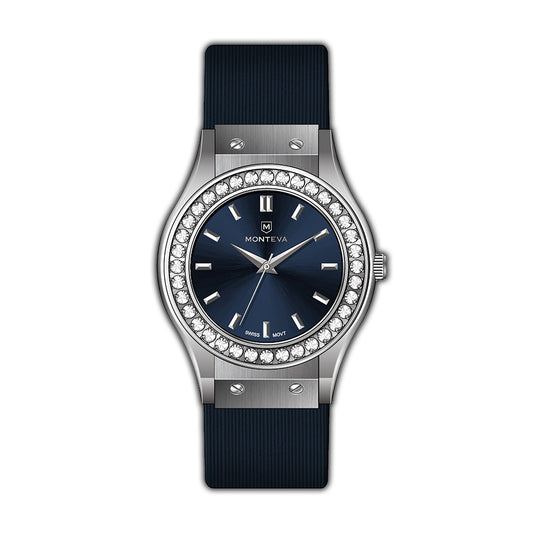 Monteva Ladies - Silver-Tone, Stones Bezel, Blue Dial and Strap Watch