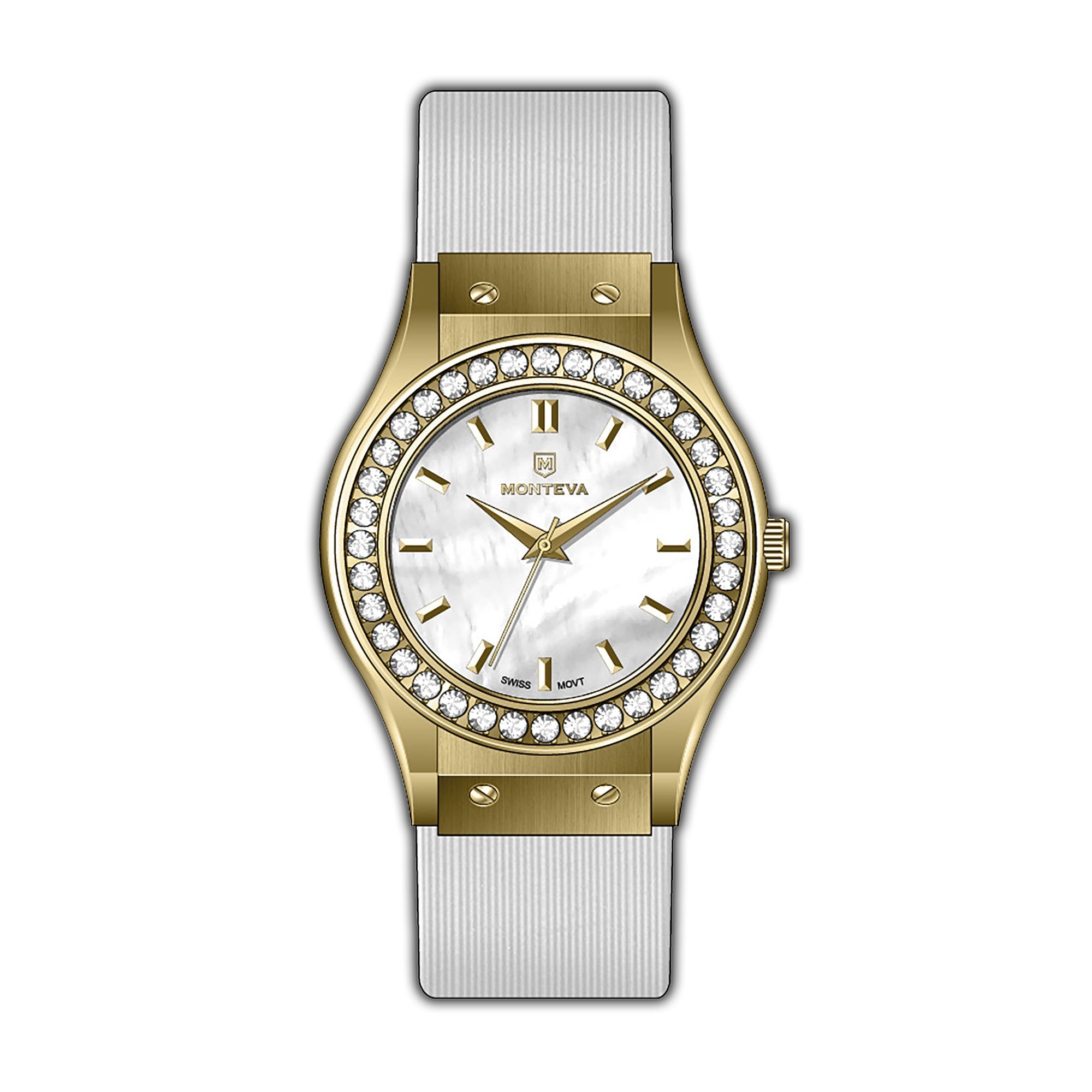 Monteva Ladies - Gold-Tone, Stones Bezel, White MOP Dial & Strap Watch