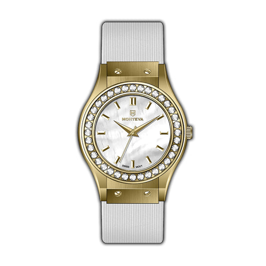 Monteva Ladies - Gold-Tone, Stones Bezel, White MOP Dial & Strap Watch