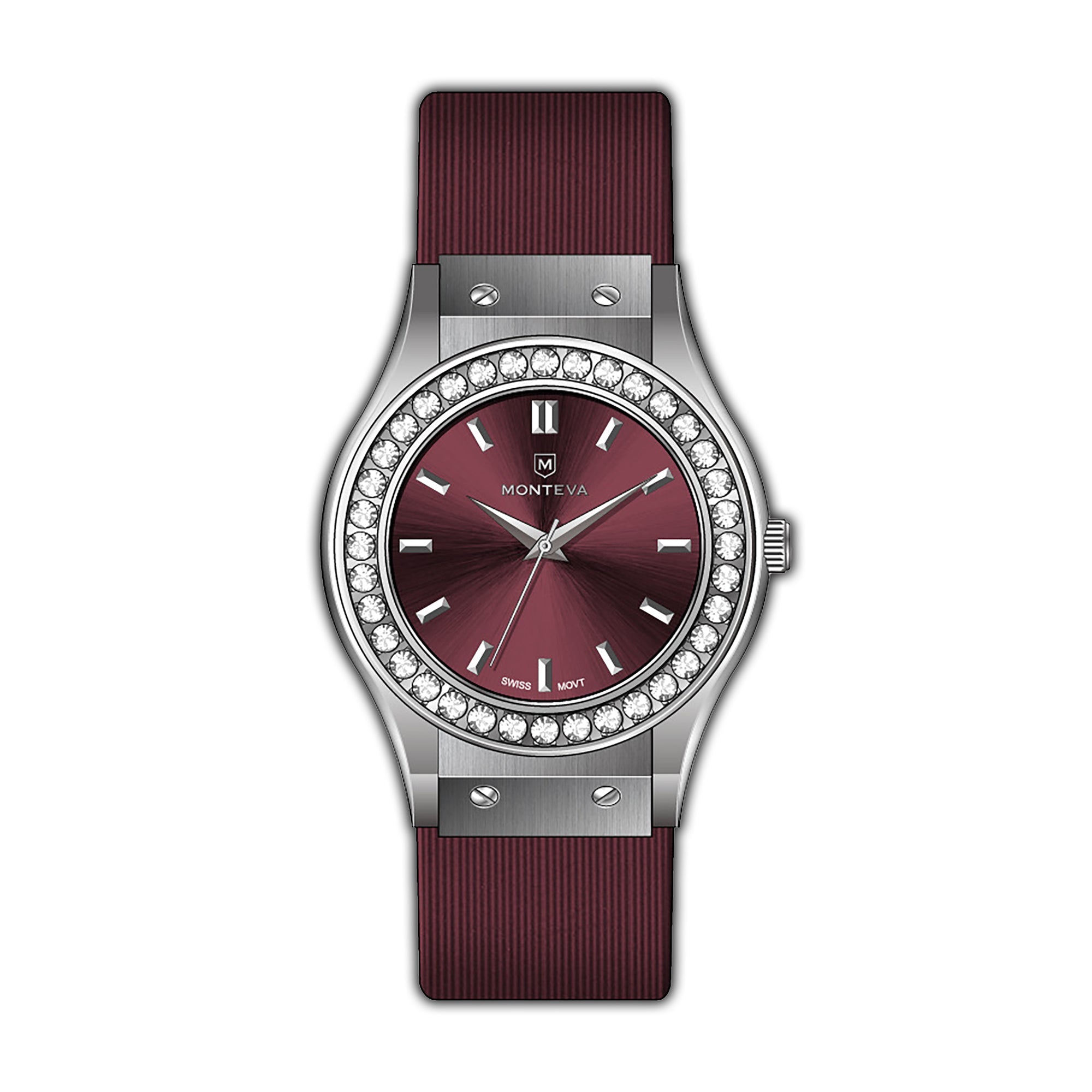 Monteva Ladies - Silver-Tone, Stones Bezel, Red Dial, Red Strap Watch
